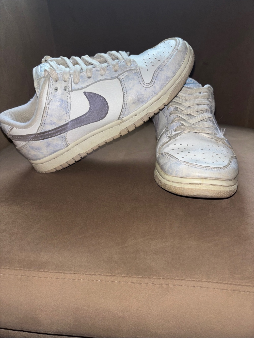 Nike Dunk Sneakers in White and Light Purple Swoosh